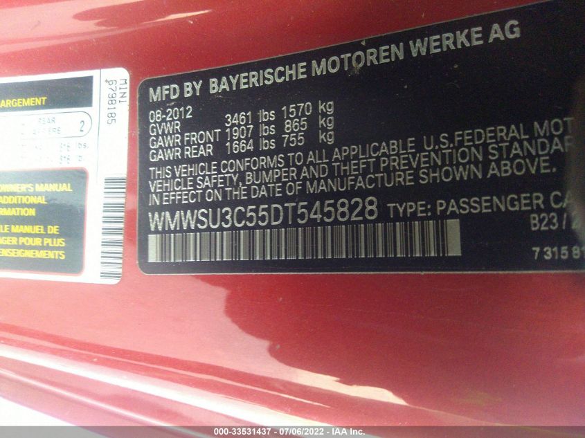 2013 MINI COOPER HARDTOP WMWSU3C55DT545828