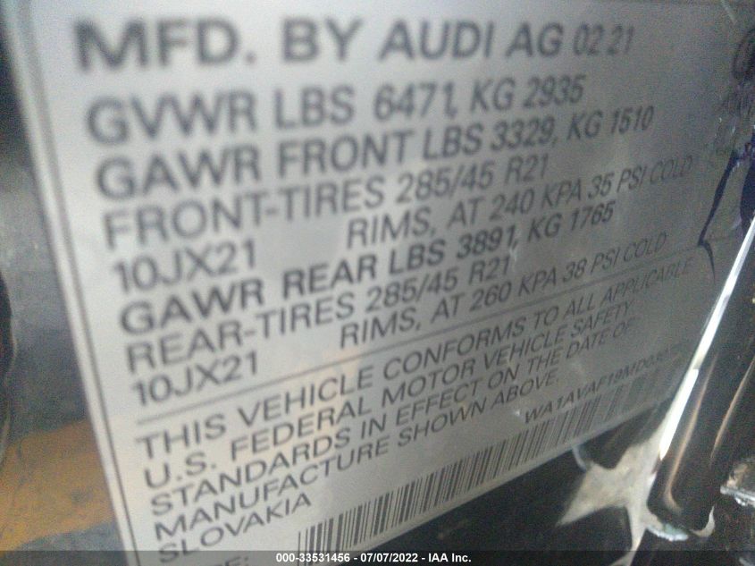 2021 AUDI Q8 PREMIUM WA1AVAF19MD030733