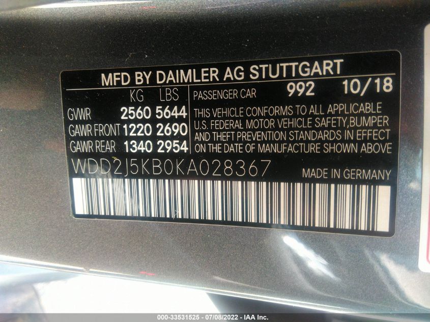 2019 MERCEDES-BENZ CLS CLS 450 WDD2J5KB0KA028367