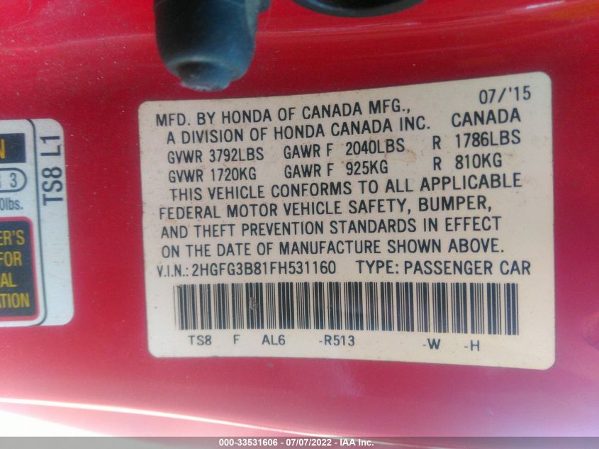 2015 HONDA CIVIC COUPE EX 2HGFG3B81FH531160