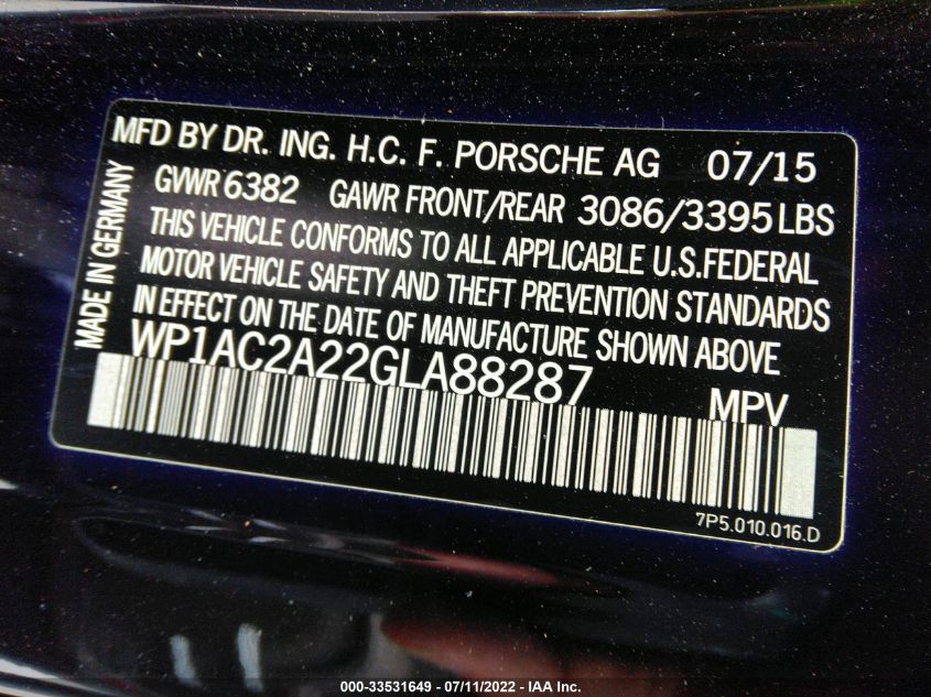 2016 PORSCHE CAYENNE TURBO WP1AC2A22GLA88287