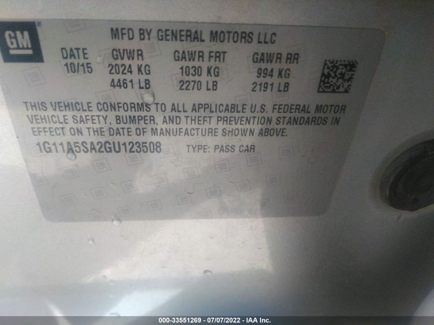 2016 CHEVROLET MALIBU LIMITED LS 1G11A5SA2GU123508