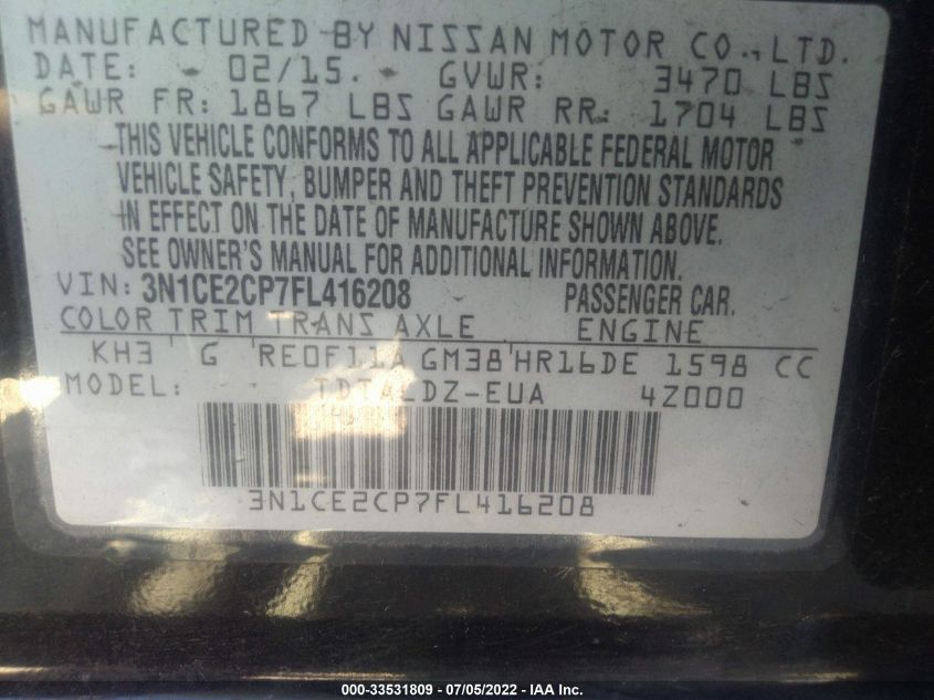 2015 NISSAN VERSA NOTE SV 3N1CE2CP7FL416208