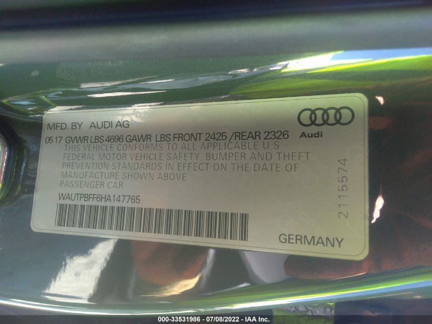 2017 AUDI A3 SPORTBACK E-TRON PREMIUM PLUS WAUTPBFF6HA147765