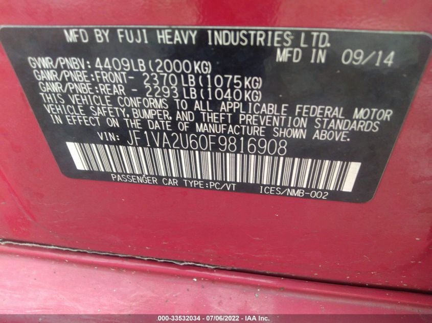 2015 SUBARU WRX STI LIMITED JF1VA2U60F9816908