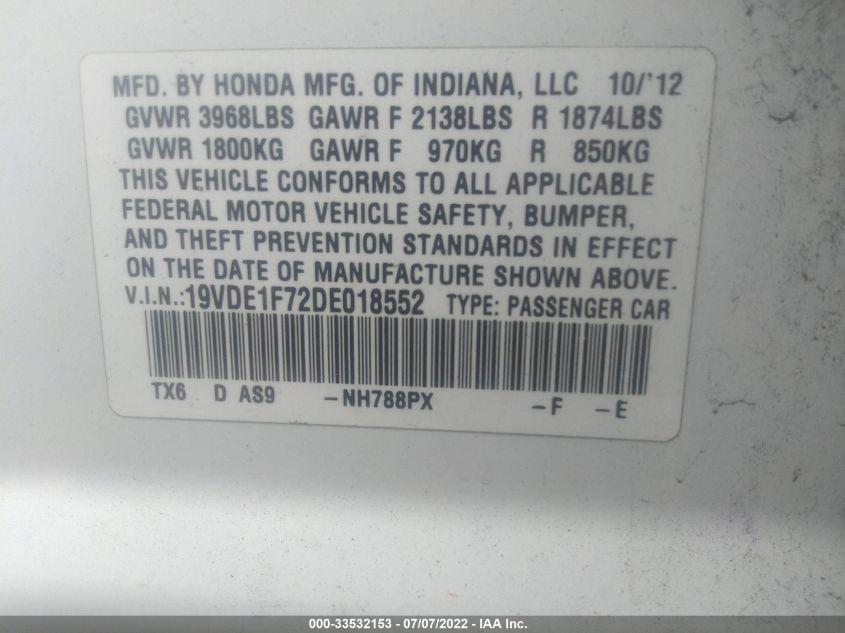 2013 ACURA ILX TECH PKG 19VDE1F72DE018552
