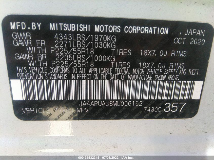 2021 MITSUBISHI OUTLANDER SPORT ES/LE/BE/S JA4APUAU8MU006162