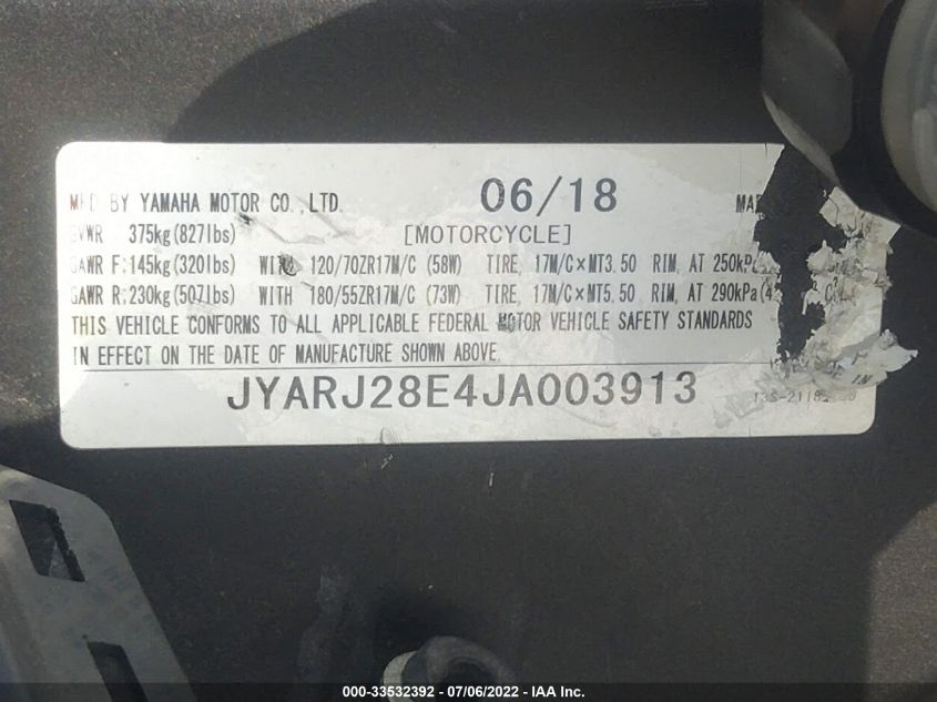2018 YAMAHA YZFR6 JYARJ28E4JA003913