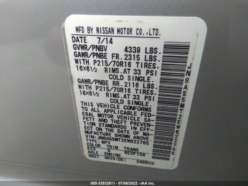 2014 NISSAN ROGUE SELECT S JN8AS5MT2EW622785