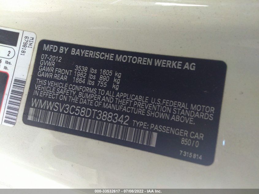 2013 MINI COOPER HARDTOP S WMWSV3C58DT388342