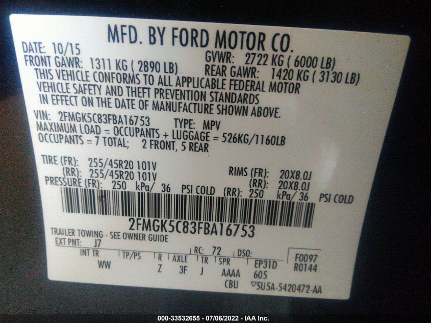 2015 FORD FLEX SEL 2FMGK5C83FBA16753