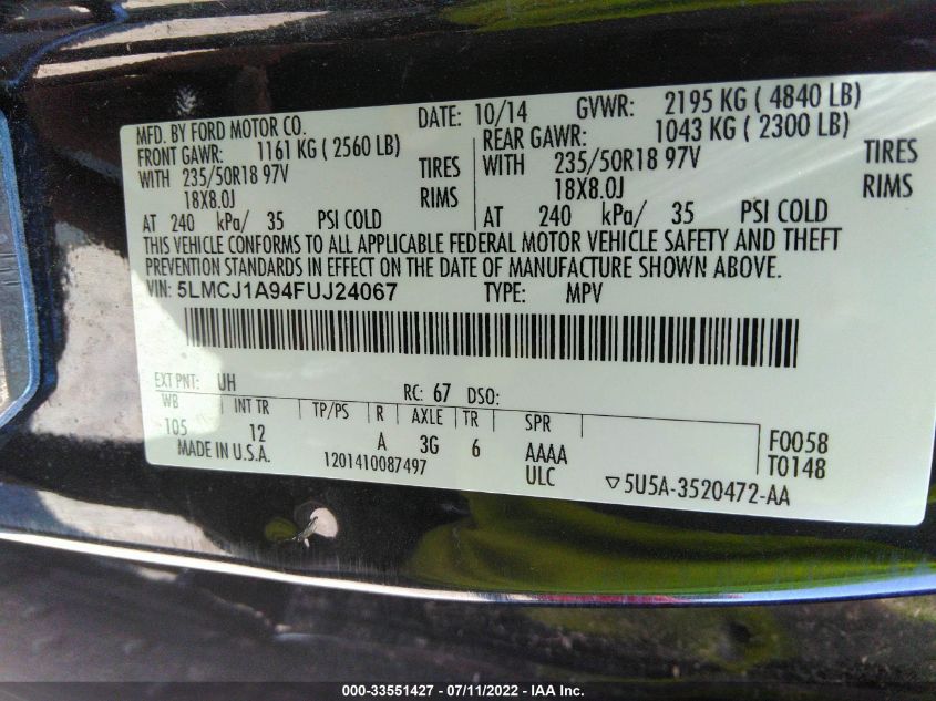 2015 LINCOLN MKC 5LMCJ1A94FUJ24067