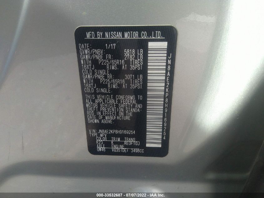 2017 NISSAN QUEST SV JN8AE2KP8H9169254