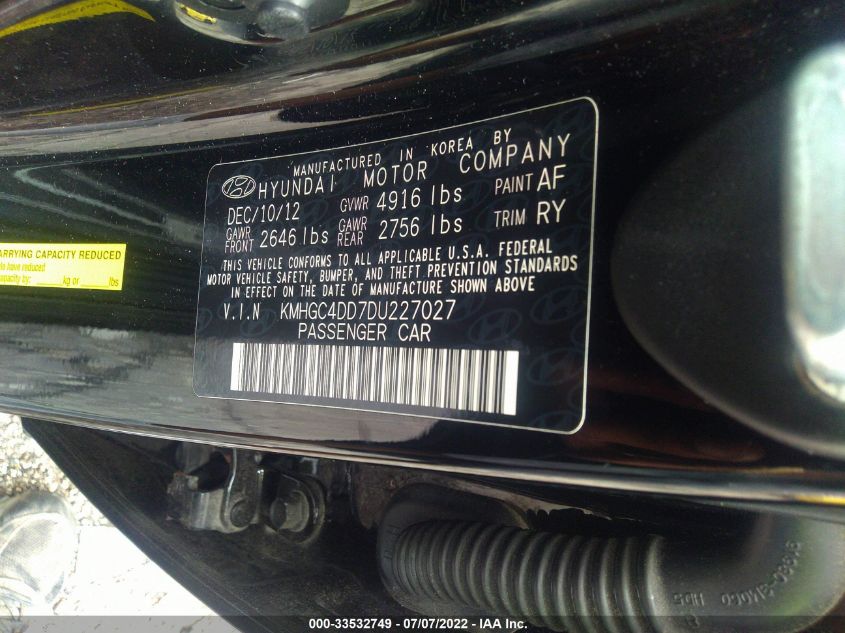 2013 HYUNDAI GENESIS 3.8L KMHGC4DD7DU227027