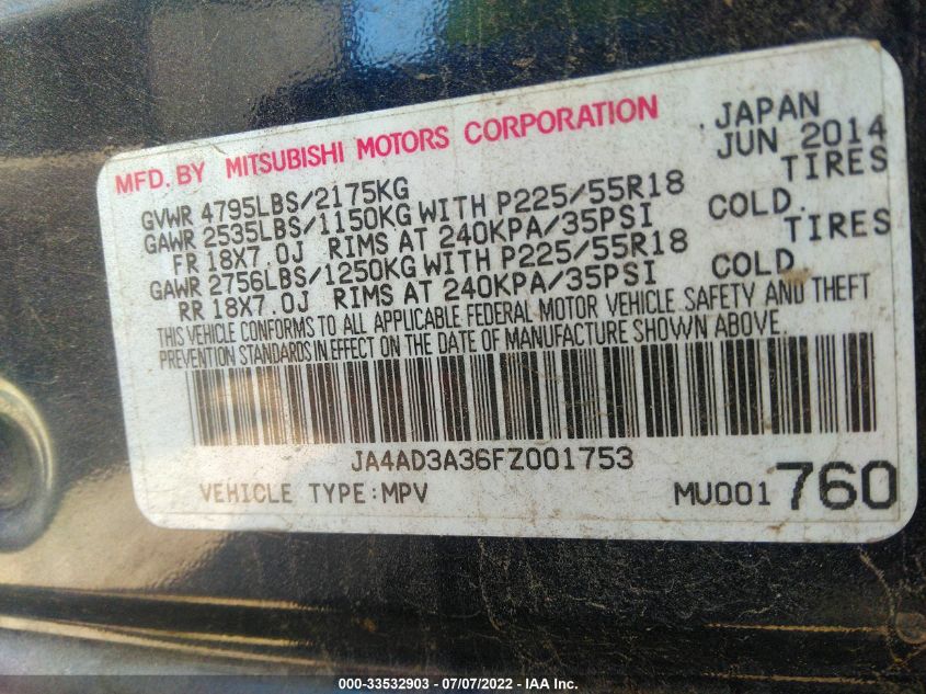 2015 MITSUBISHI OUTLANDER SE JA4AD3A36FZ001753