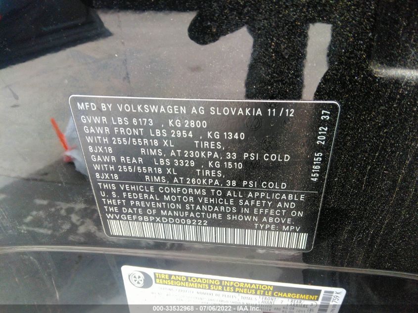 2013 VOLKSWAGEN TOUAREG SPORT WVGEF9BPXDD009222