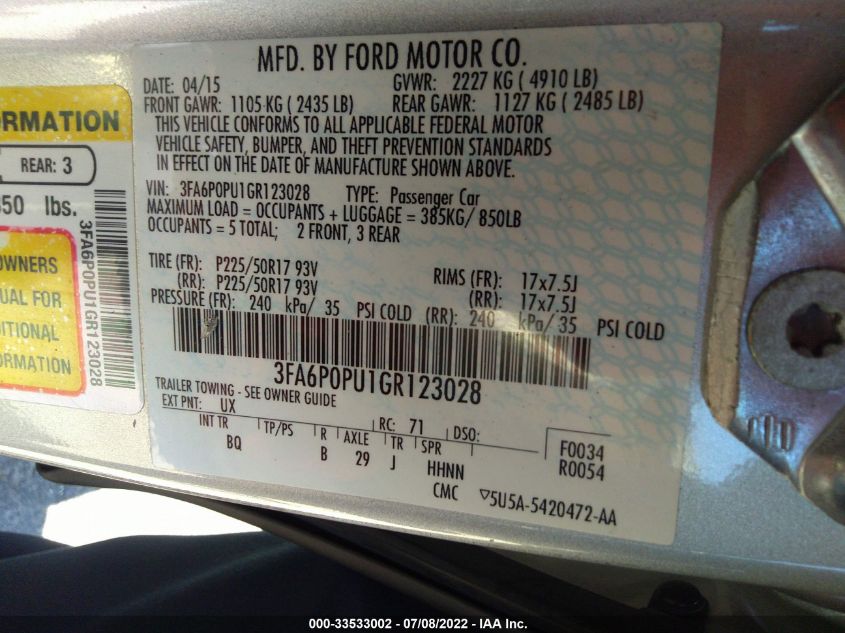 2016 FORD FUSION ENERGI SE PHEV 3FA6P0PU1GR123028