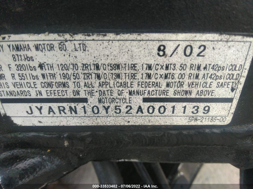 2002 YAMAHA YZFR1 JYARN10Y52A001139