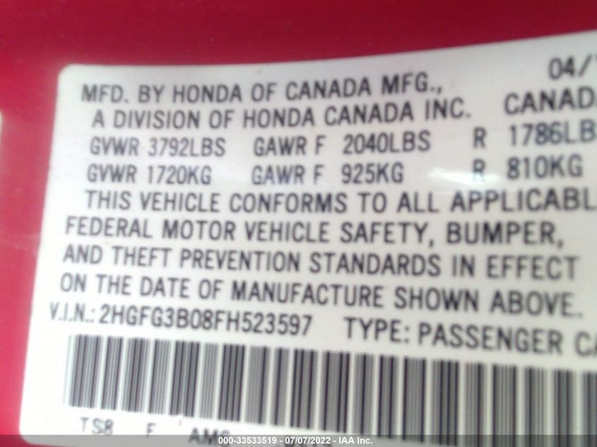 2015 HONDA CIVIC COUPE EX-L 2HGFG3B08FH523597