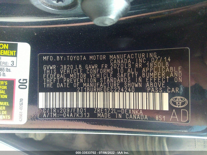 2014 TOYOTA COROLLA VIN: 2T1BURHE0EC224240
