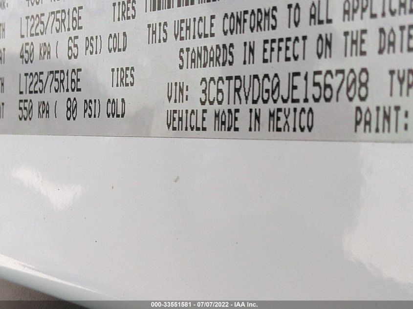 2018 RAM PROMASTER CARGO VAN 3C6TRVDG0JE156708