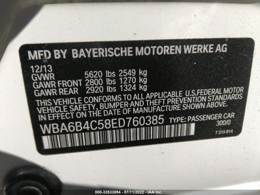 2014 BMW 6 SERIES 650I XDRIVE WBA6B4C58ED760385