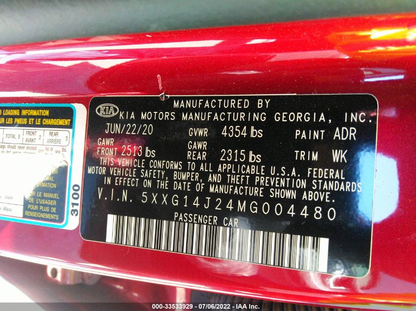 2021 KIA K5 LXS 5XXG14J24MG004480