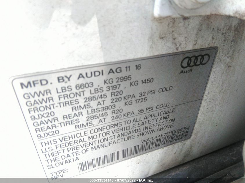 2017 AUDI Q7 PREMIUM PLUS WA1LAAF73HD036008