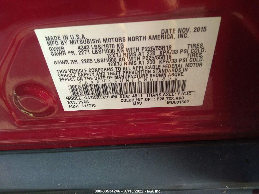 2015 MITSUBISHI OUTLANDER SPORT SE 4A4AP4AU0FE061829