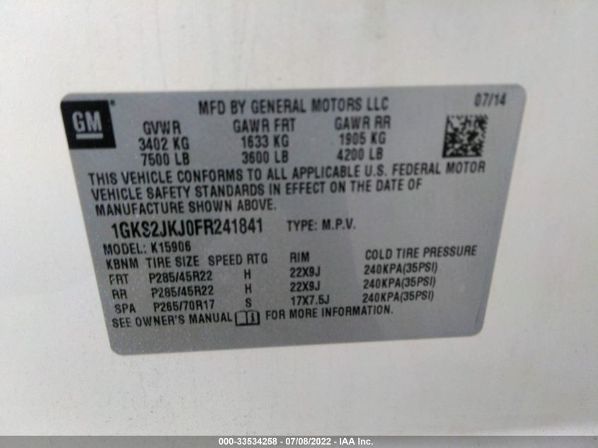 2015 GMC YUKON XL DENALI 1GKS2JKJ0FR241841
