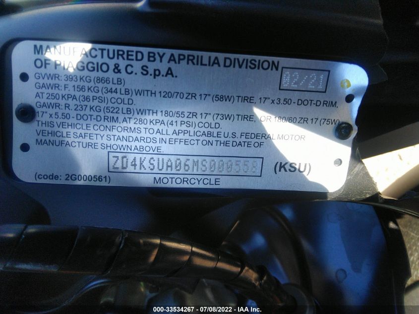 2021 APRILIA RS 660 ZD4KSUA06MS000558