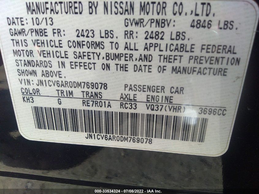 2013 INFINITI G37 SEDAN X JN1CV6AR0DM769078