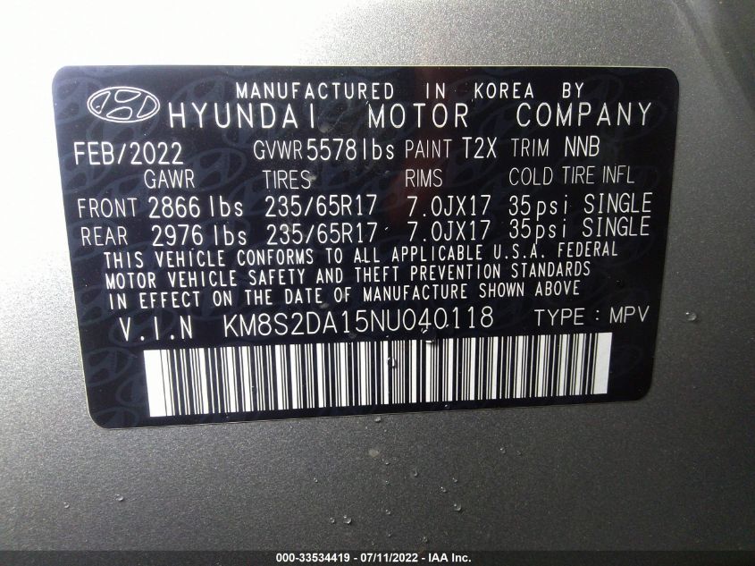 2022 HYUNDAI SANTA FE HYBRID BLUE KM8S2DA15NU040118