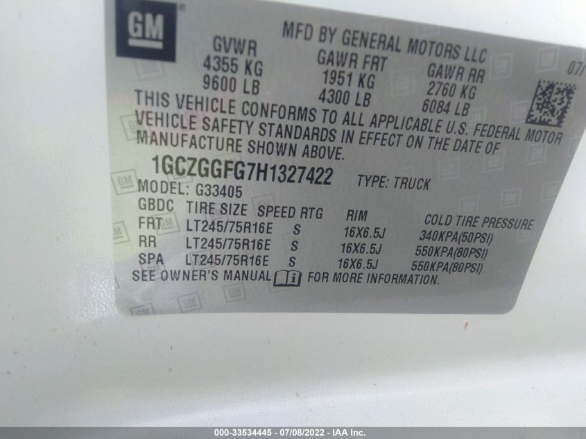 2017 CHEVROLET EXPRESS CARGO VAN 1GCZGGFG7H1327422