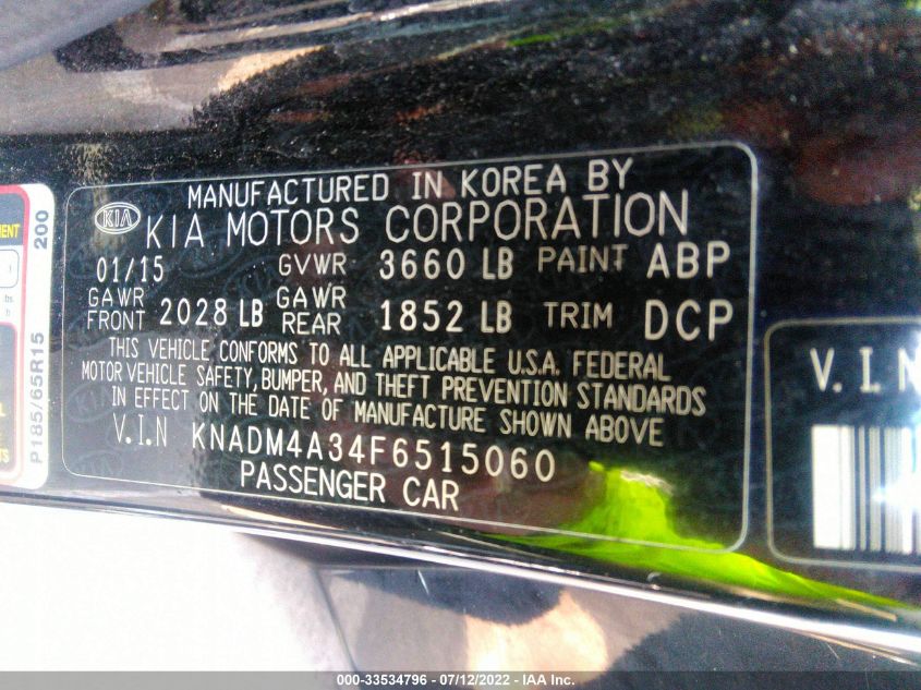 2015 KIA RIO LX KNADM4A34F6515060
