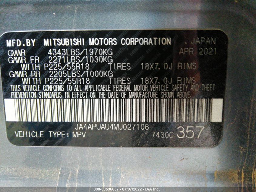 2021 MITSUBISHI OUTLANDER SPORT ES/LE/BE/S JA4APUAU4MU027106