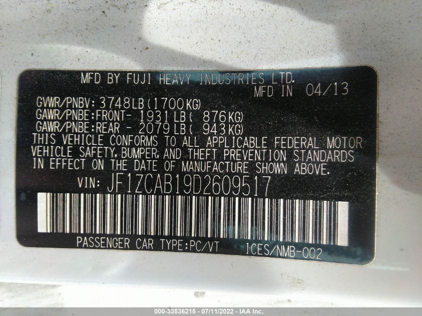 2013 SUBARU BRZ PREMIUM JF1ZCAB19D2609517