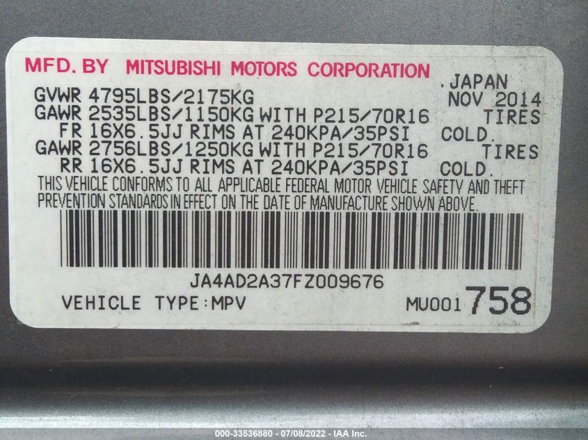 2015 MITSUBISHI OUTLANDER ES JA4AD2A37FZ009676