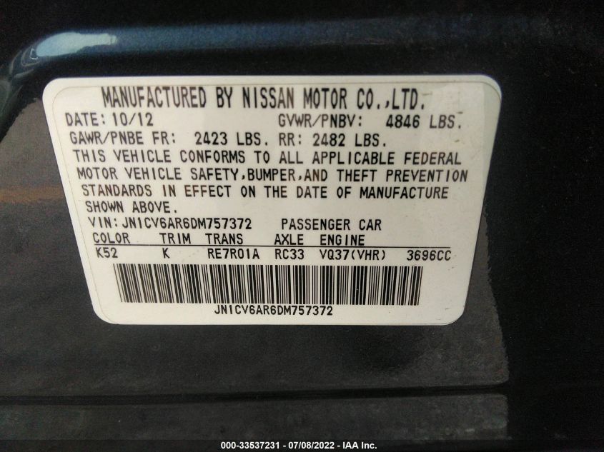 2013 INFINITI G37 SEDAN X JN1CV6AR6DM757372