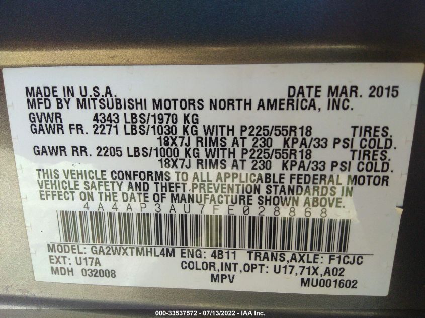 2015 MITSUBISHI OUTLANDER SPORT ES 4A4AP3AU7FE028868