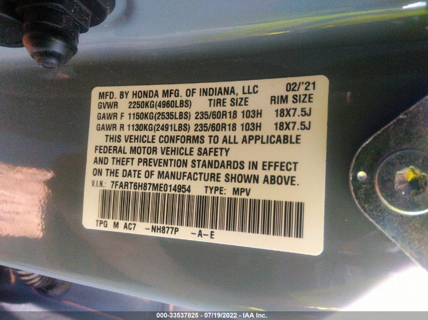 2021 HONDA CR-V HYBRID EX-L 7FART6H87ME014954