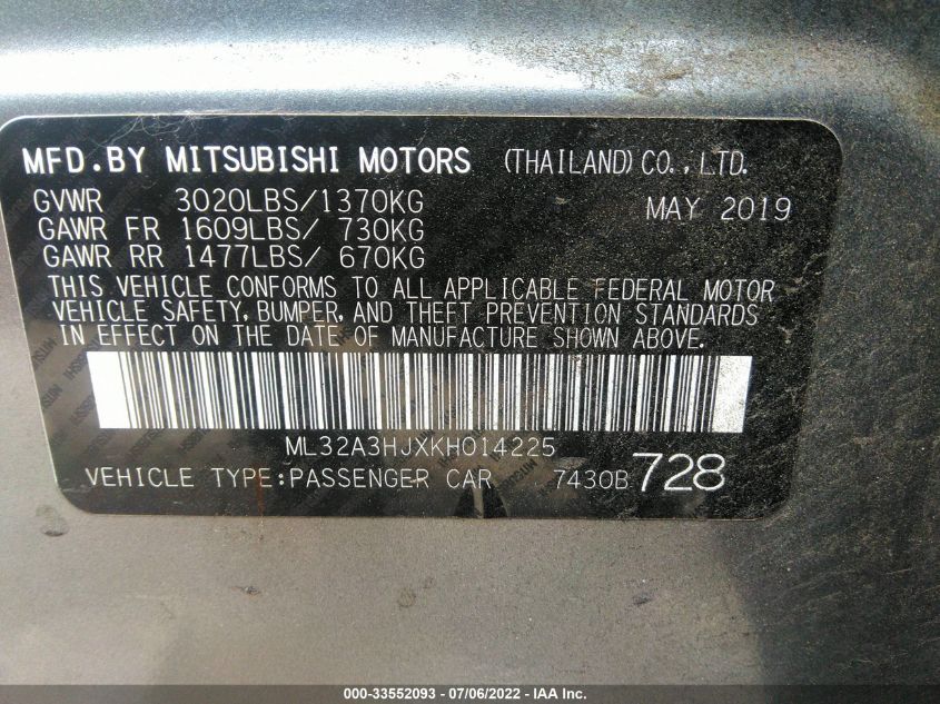 2019 MITSUBISHI MIRAGE ES/RF ML32A3HJXKH014225