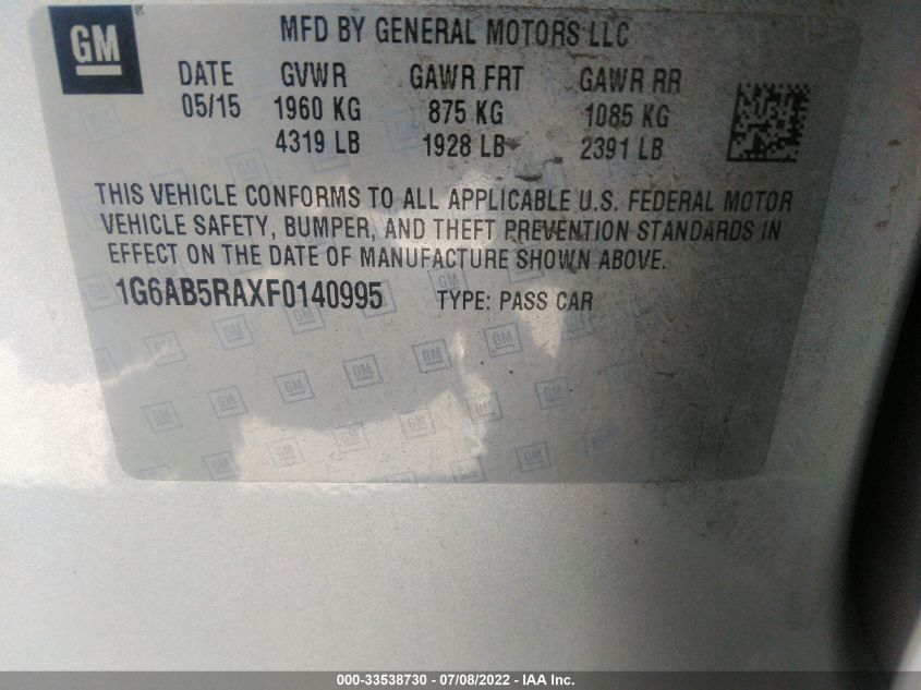 2015 CADILLAC ATS SEDAN LUXURY RWD 1G6AB5RAXF0140995