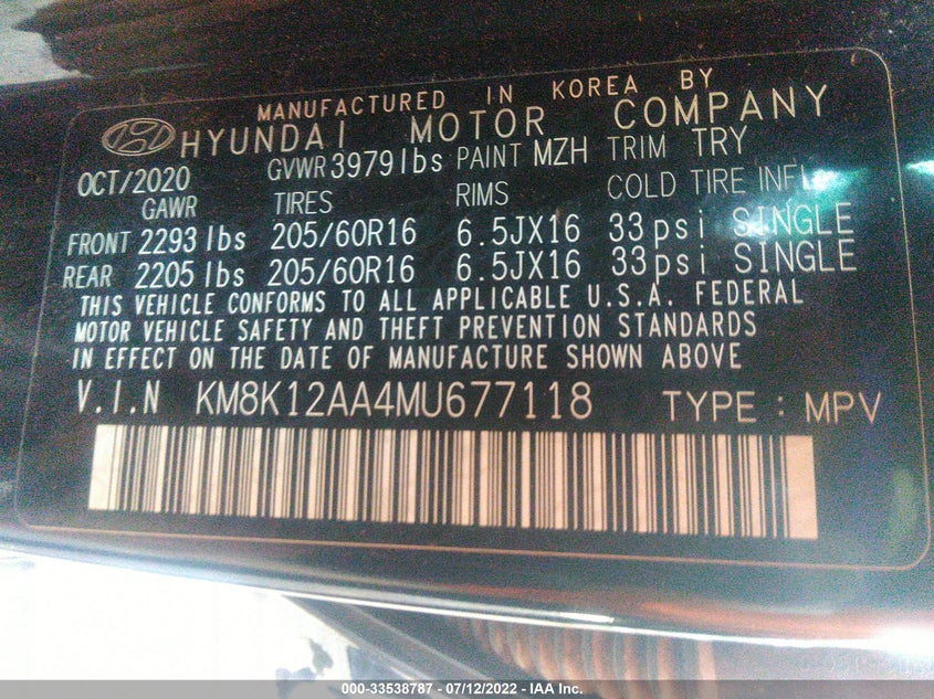 2021 HYUNDAI KONA VIN: KM8K12AA4MU677118