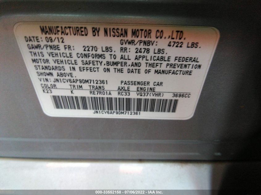 2013 INFINITI G37 SEDAN JOURNEY JN1CV6AP9DM712361
