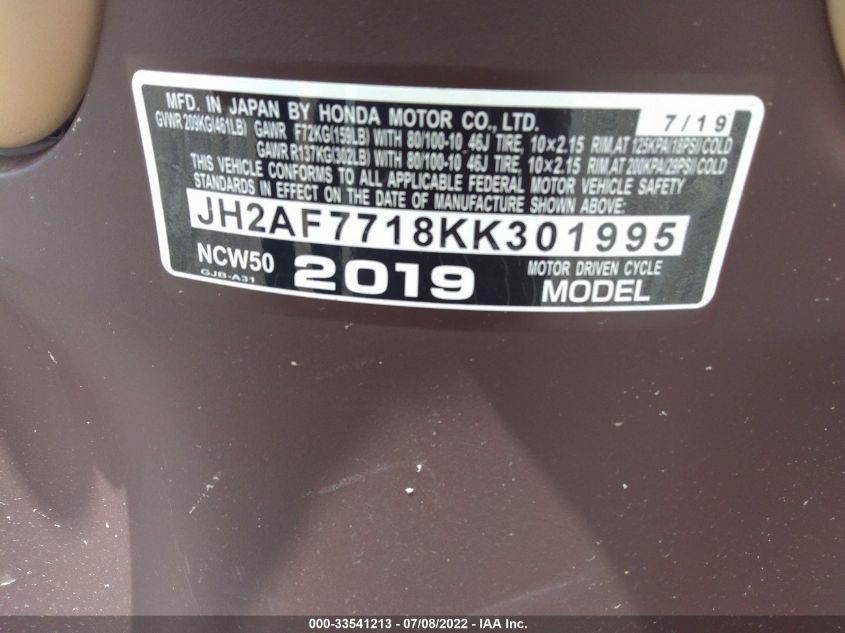 2019 HONDA NCW50 JH2AF7718KK301995