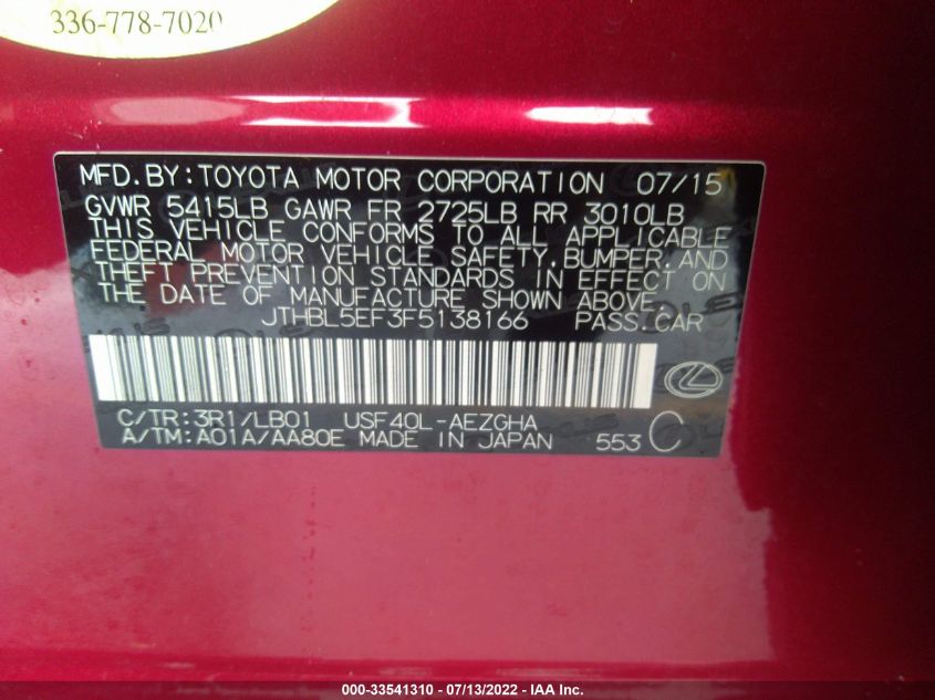 2015 LEXUS LS 460 460 JTHBL5EF3F5138166