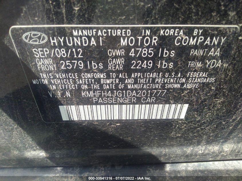 2013 HYUNDAI AZERA KMHFH4JG1DA201777