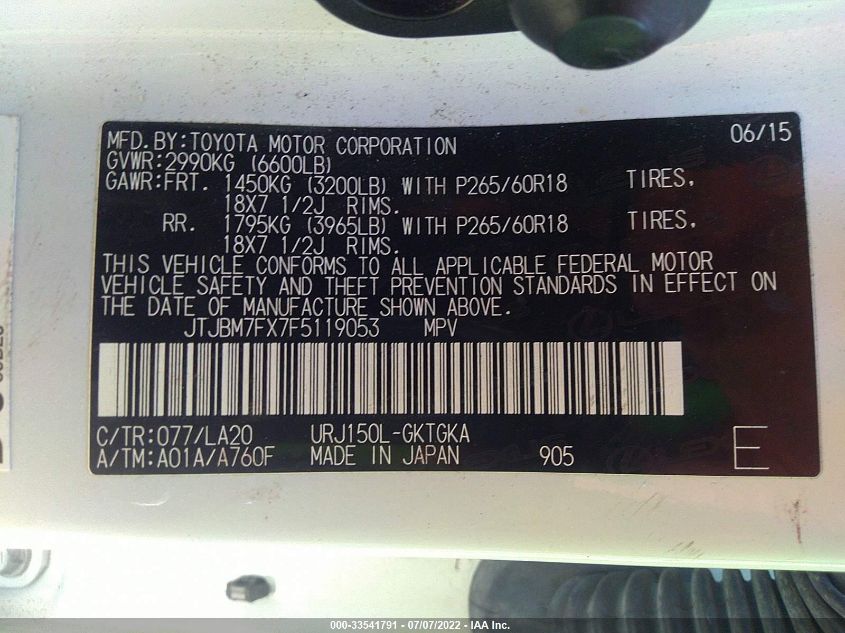 2015 LEXUS GX 460 JTJBM7FX7F5119053