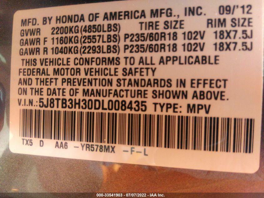 2013 ACURA RDX 5J8TB3H30DL008435